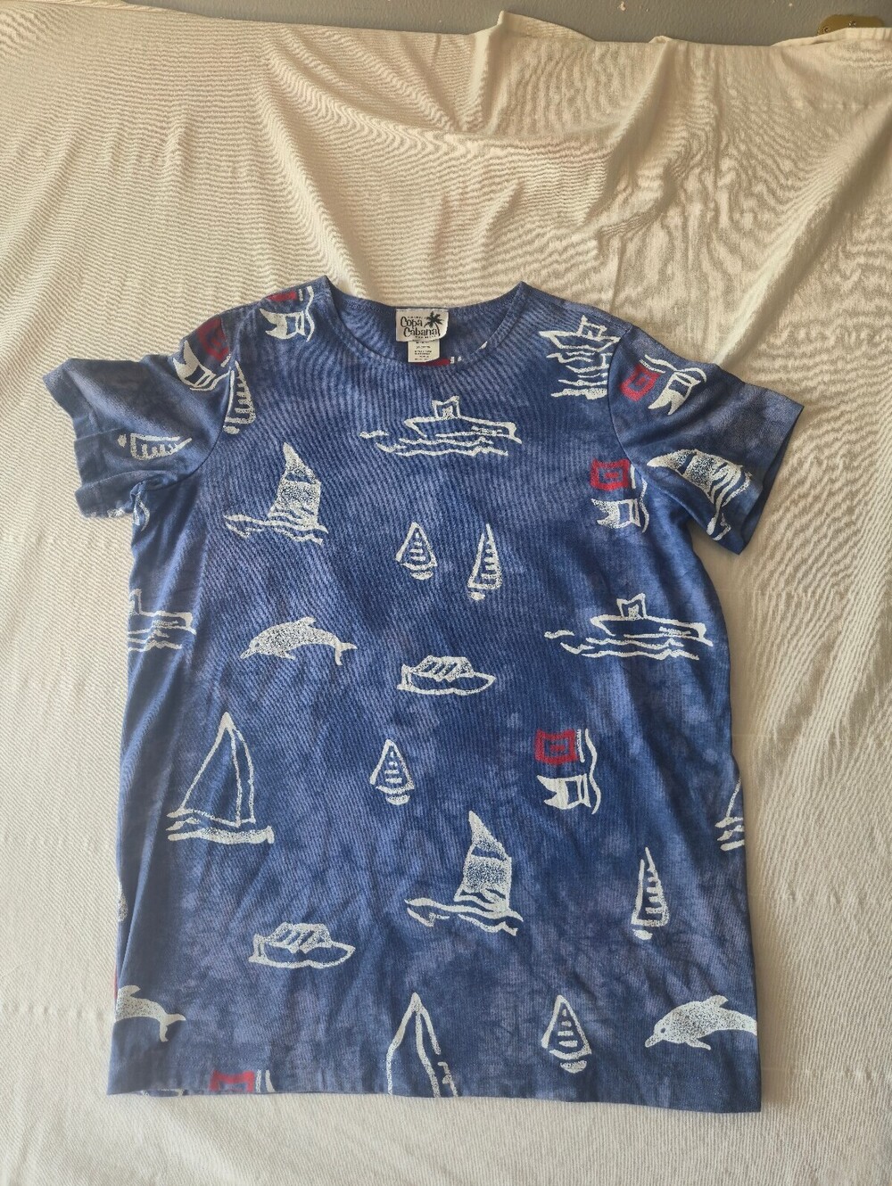 Vintage 90s Copa Cabana XL Blue Nautical Print Cotton T-Shirt Made in USA